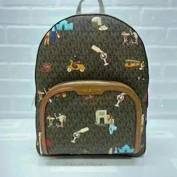 MICHAEL KORS BACKPACK JAYCEE LARGE ZIP JET SET GIRLS PRINT BROWN MULTI - Picture 2 of 11